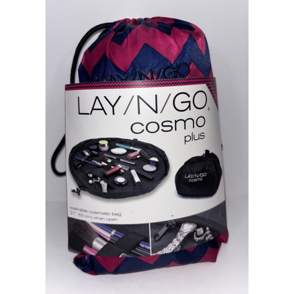 Lay/N/Go Cosmo Plus 21" Washable Cosmetic Makeup Bag Chevron Navy & Pink, New